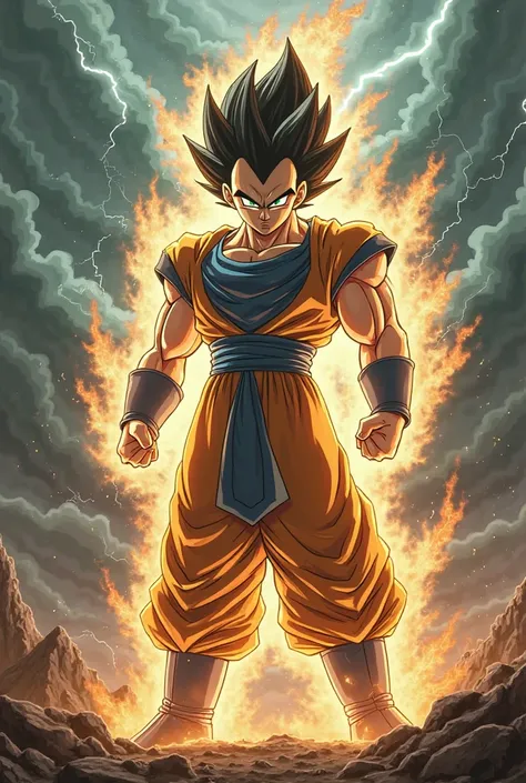 I want you to create a drawing of the character prince Vegeta from Dragon Ball Z transforming into a Super Saiyan