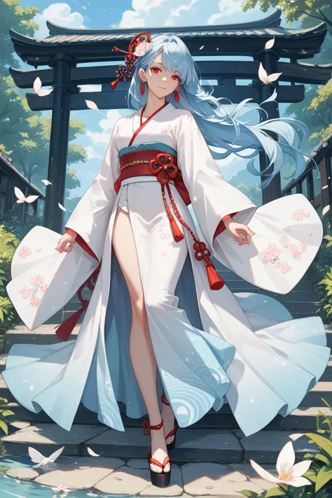 Create a Japanese woman wearing a white Japanese dress,  long earrings , medium short light blue hair and red eyes. Full body and anime style 