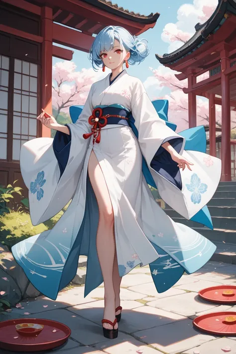 Create a Japanese woman wearing a white Japanese dress,  long earrings , medium short light blue hair and red eyes. Full body and anime style 