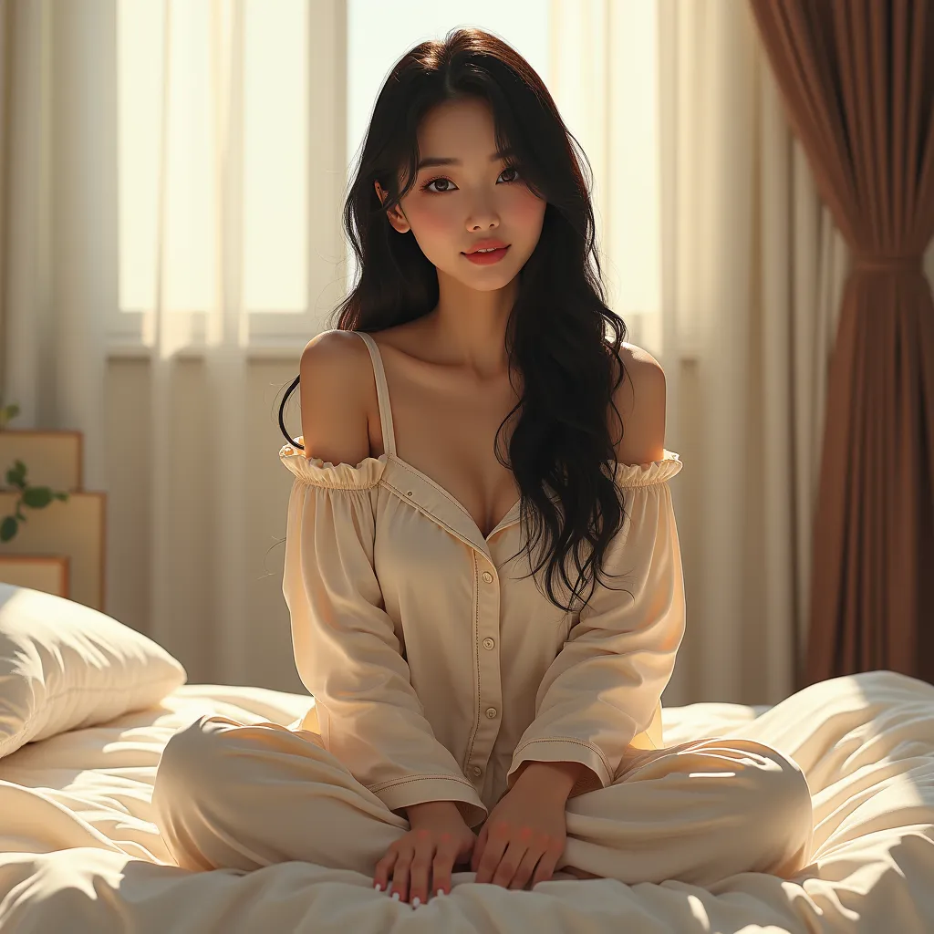 (realistic style:1.2), Beautiful Chinese woman, sit on the bed, Wearing a loose off-shoulder top, Pajamas ,  Long black hair , indoor,  Soft light ,  inside L ,  Sunny windows ,  Comfortable room ,  Relaxing posture , Reality, Intricate details,  warm colo...