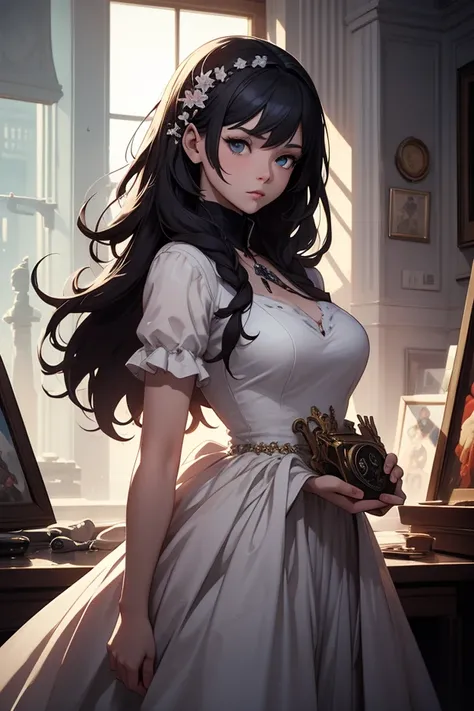 There is a woman in a white dress holding a music box, artwork in the style of Guweiz,  Guweiz on Pixiv ArtStation , guweiz on artstation pixiv, guweiz, fantasy art style, Guweiz&#39;s masterpiece,  Beautiful and elegant queen , Beautiful character paintin...