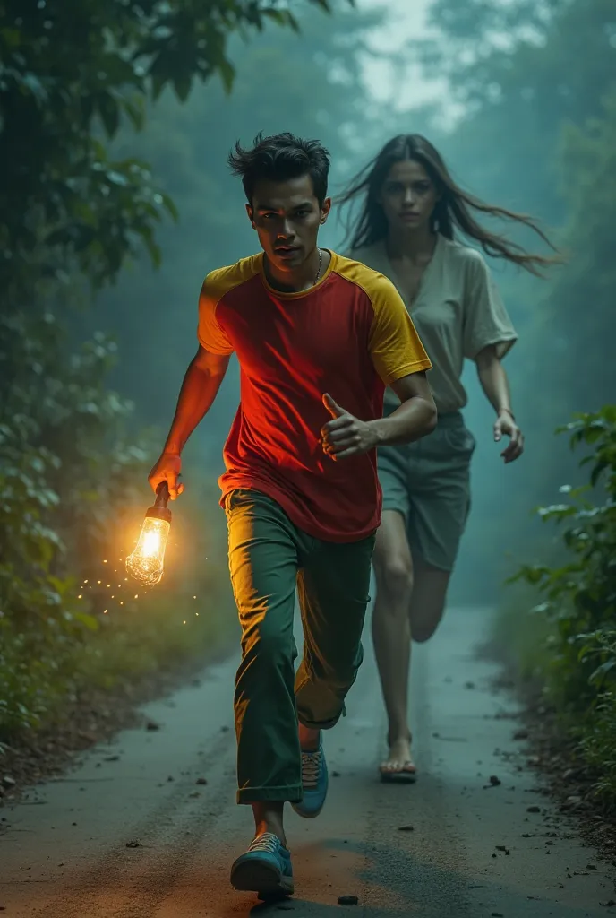 A very cool young man, wear a stylish and elegant red , yellow t-shirt , green pants , carrying a torch, running scared, behind there is a big breasted spooky female figure wearing a shabby white shirt, background Bokeh night time rural road with lots of p...