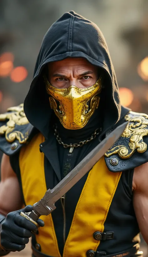 Here's a detailed prompt for generate a super realistic image of Hugh Jackman as Scorpion, with a shiny metal mask and yellow and gold details, focused on the upper body:

"Close-up hiper-realista do Hugh Jackman como Scorpion, the iconic ninja specter of ...
