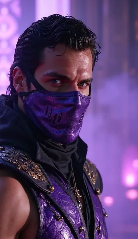 Here is a detailed prompt to generate an image ** super realistic** by Henry Cavill as **Rain**, focused **only on the face**, with a purple outfit and a shiny metallic purple mask partially covering the face, and a striking background:
---
**"Close-u...