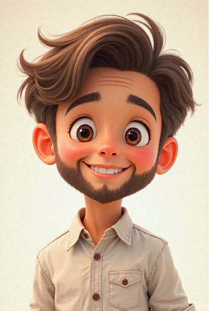 Disneys-style character, YOUNG BOY , with short beard, short wavy hair smiling well-dressed white model 