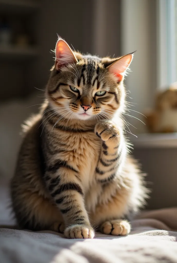 "The cat sitting peacefully and licking its paws, with a calm and relaxed expression. The cat looks content after its playful catnip adventure. The room is serene, with soft lighting creating a peaceful atmosphere as the cat prepares for a nap."

