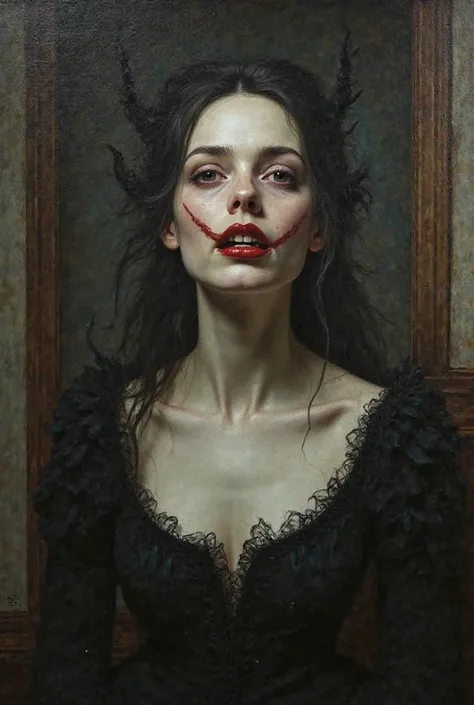 Oil painting of very pale skinned woman face  as nosferatu, with a creepy smile, with red glowing eyes wearing a black XVIII century dress in a very Dark and modest XVIII century room at night.