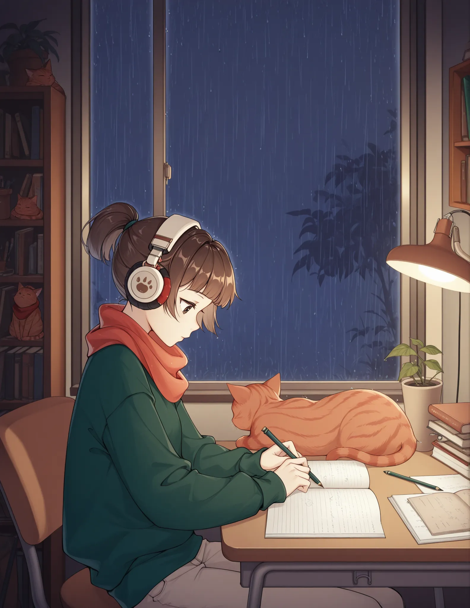 1girl, lfg, scarf, red scarf, sweater, green sweater, pants, headphones, pencil, studying, looking down, sitting, chair, desk, bookshelf, cat, window, indoors, night, raining, from side