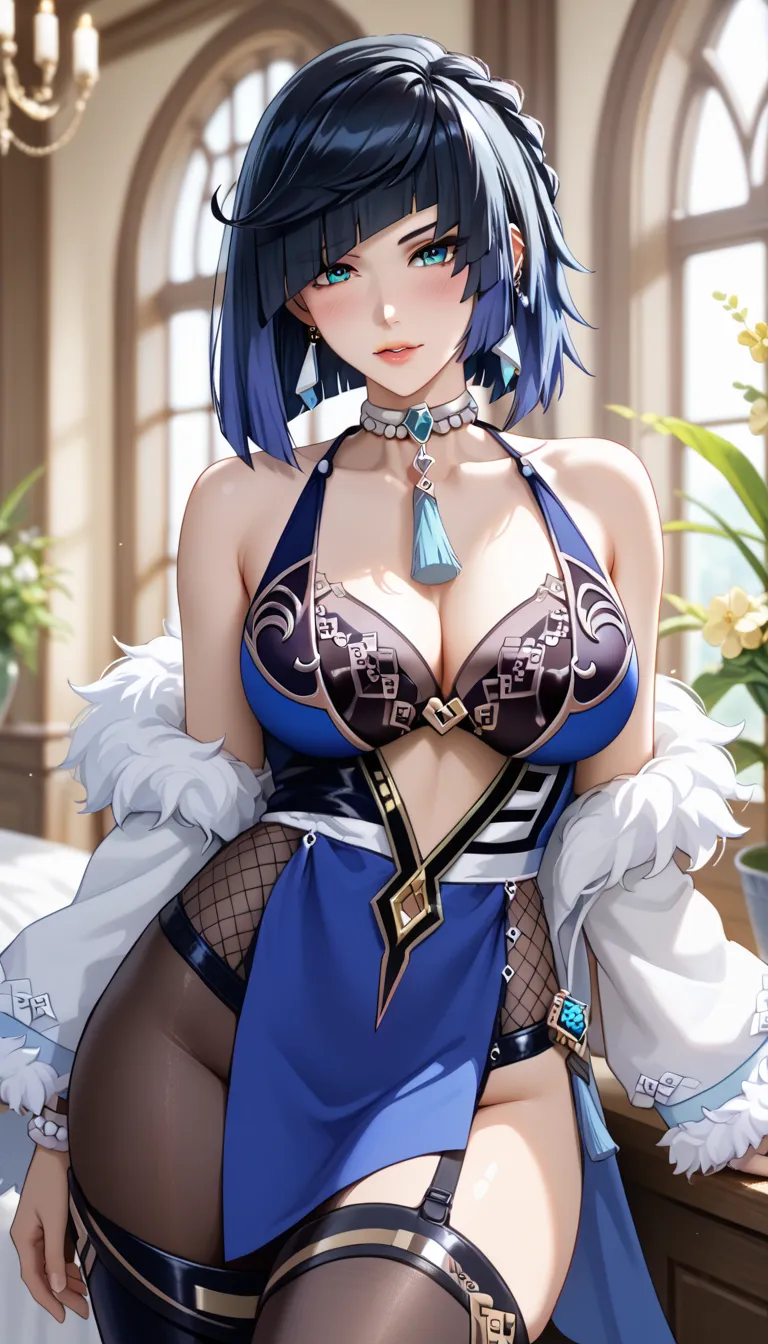 (masterpiece, best_quality:1.2), 1girl, solo, mature female, Yelan Genshin Impact, medium length hair, black with blue hair, (housewife:1.5,), beautiful eyes, female focus, looking at viewer, blush, large breast, cleavage, wide hips, ((solo)) detailed, ver...