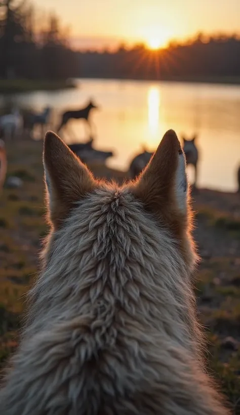 The view ahead is framed by the grizzled ears of an aging alpha wolf, their edges worn by time. Beyond them, the pack gathers at the edge of a lake, the setting sun painting the water in hues of amber. A younger wolf steps forward, challenging the alpha wi...