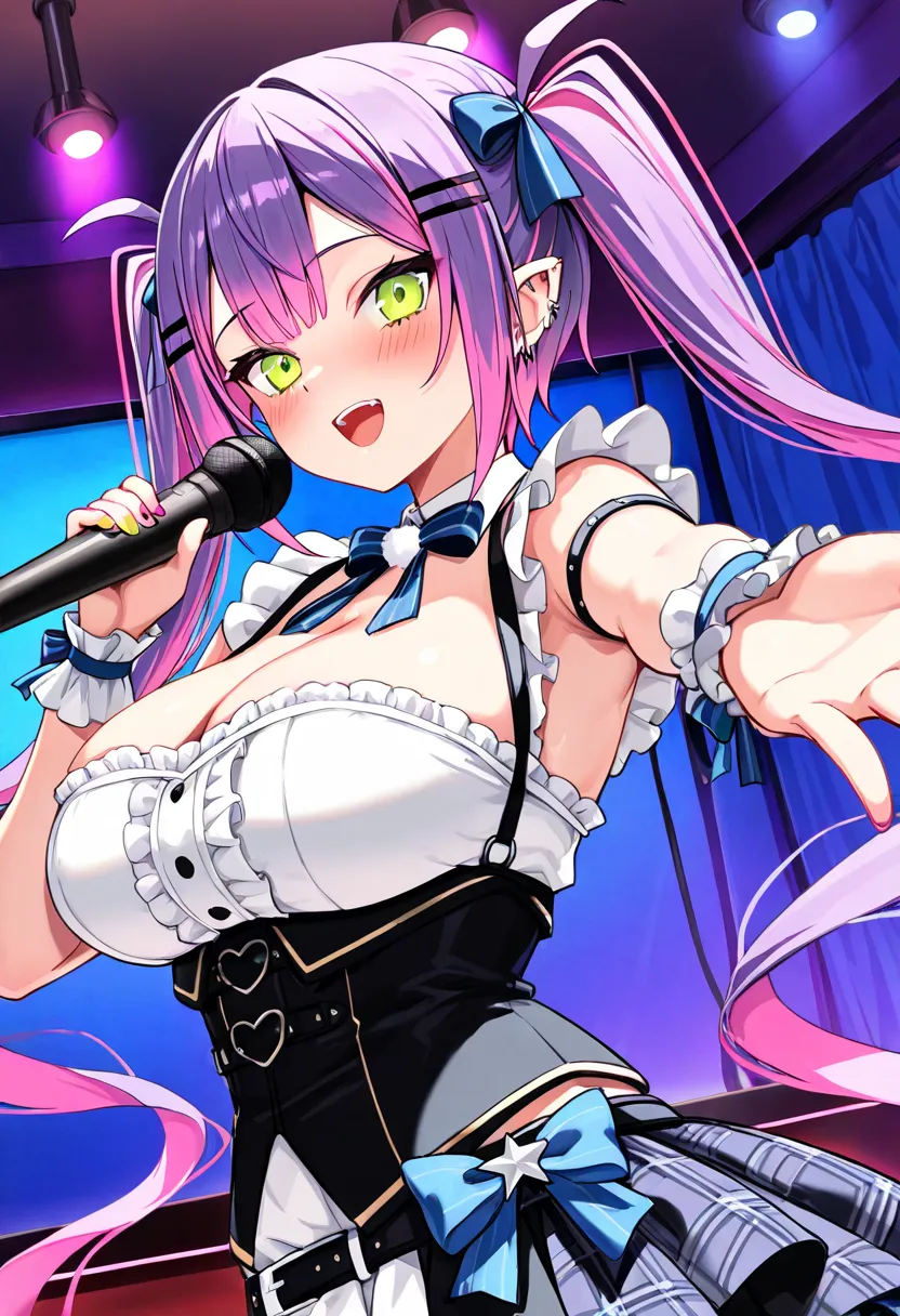 (highest quality , 8k , masterpiece , incredibly absurdres , perfect body , super detailed skin , highly detailed eyes and face , 1 woman ) , tokoyami towa , purple Hair , Green eyes , smile ,  will be happy , ( idol clothes , karaoke , singing : 1.2 ) , (...