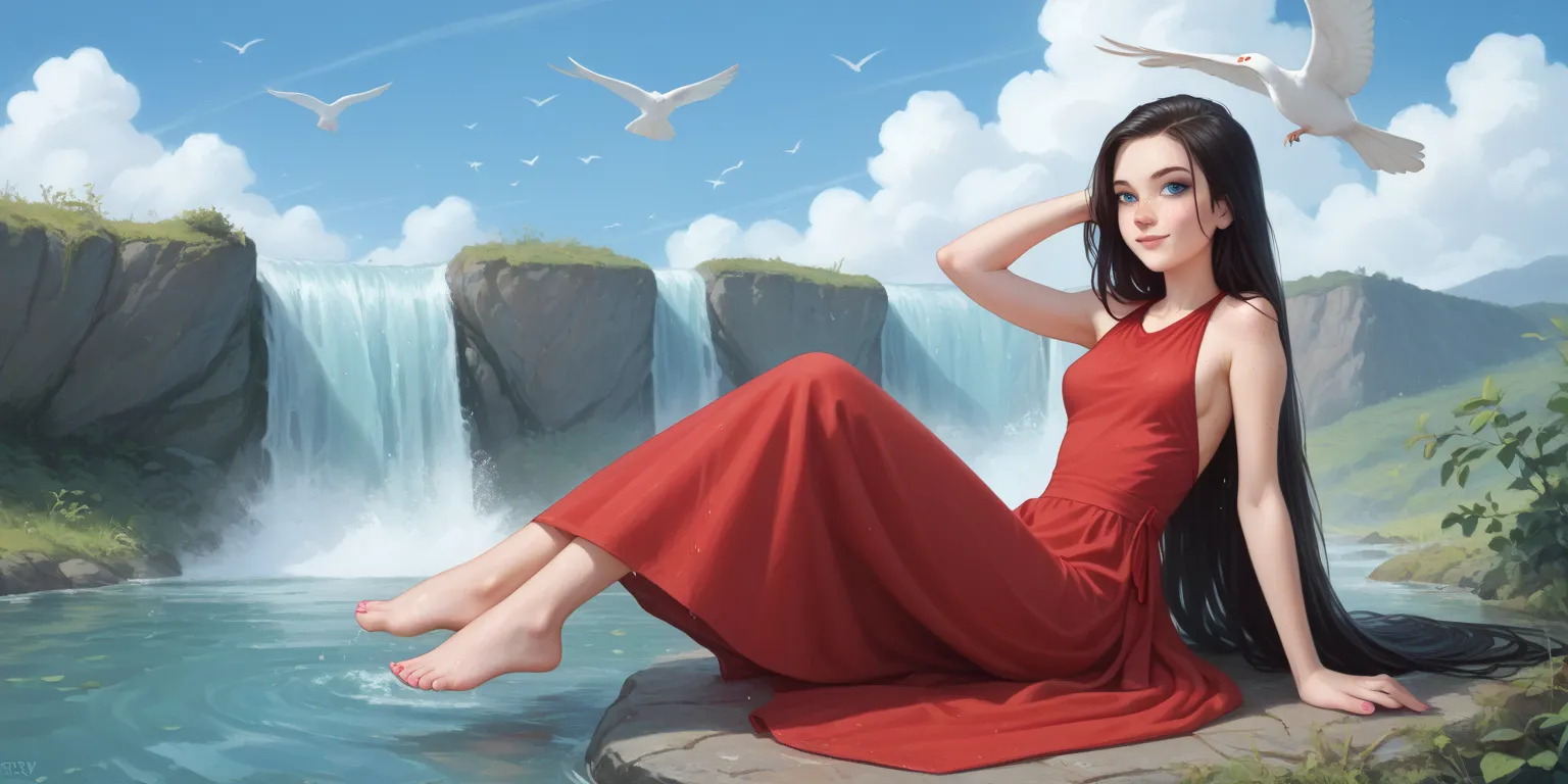 Try to generate the image of an adolescent with her legs covered, medium soft breast,  long dress , long red dress with a very wide neckline, sitting on a rock, straight black hair breasts, very long hair, freckles, detailed ribs and small bare feet, red l...