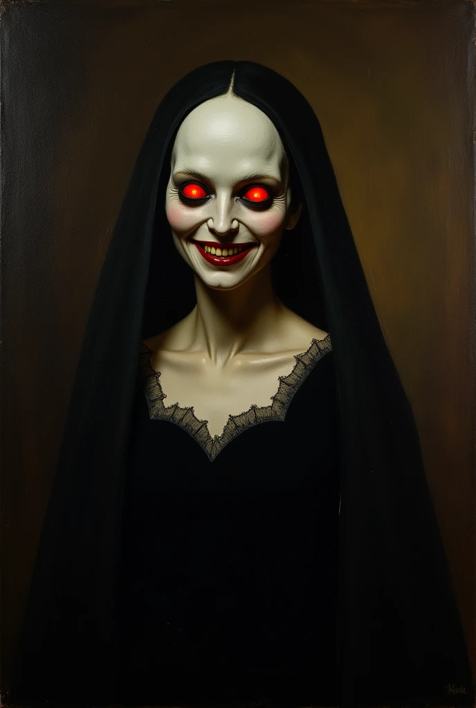 Oil painting of very pale skinned woman face  as nosferatu, with a creepy smile with fangs, with red glowing eyes wearing a black XVIII century dress in a very Dark and modest XVIII century room at night.