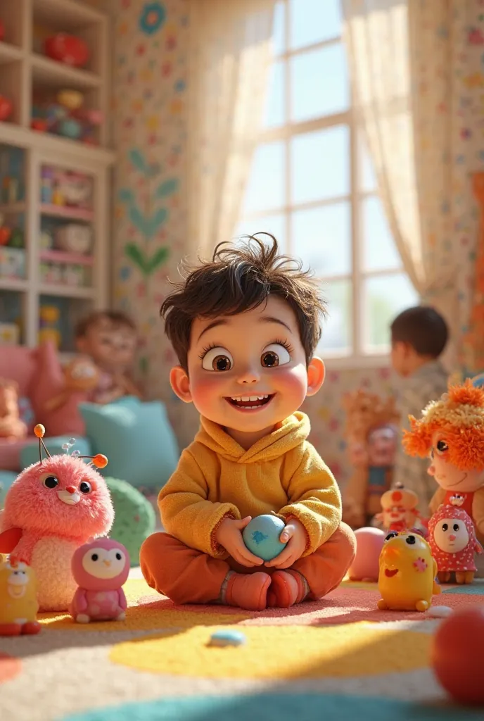 Image 3D style Pixar un enfant qui joue avec jouets dans une salle de jeu avec d'autres enfants