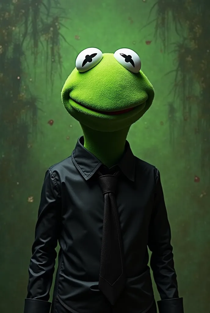 there is a green and black figure with a black shirt and tie, green doom guy, vinny from vinesauce, kermit dressed as the undertaker, horrifying :4, super rich happy pepe, roblox avatar, lizard person, jacksepticeye as a muppet, anthropomorphic turtle huma...