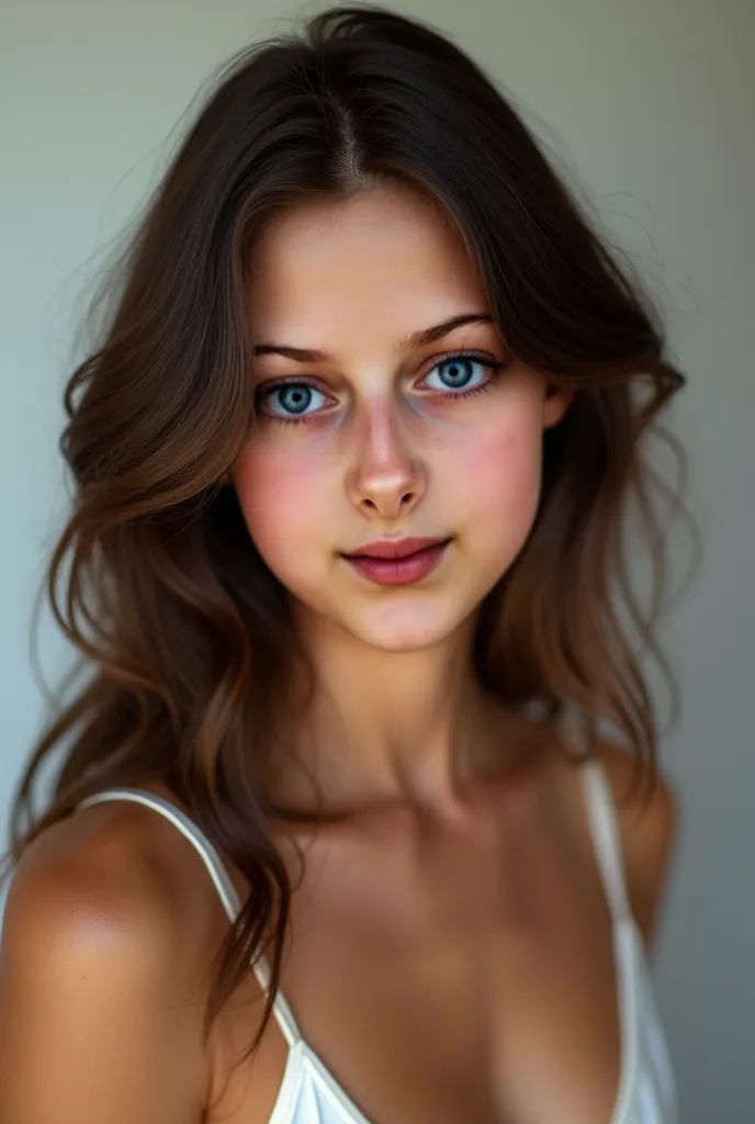 Photorealistic portrait of a 20-year-old supermodel in studio lighting, DSLR 8K, ultra-sharp focus. Long oval face, flawless even skintone, Robust (green eyes:2), full glossy lips, seductive smile. (vivid chocolate-brown hair:1.4) Modern hairstyle, widow’s...