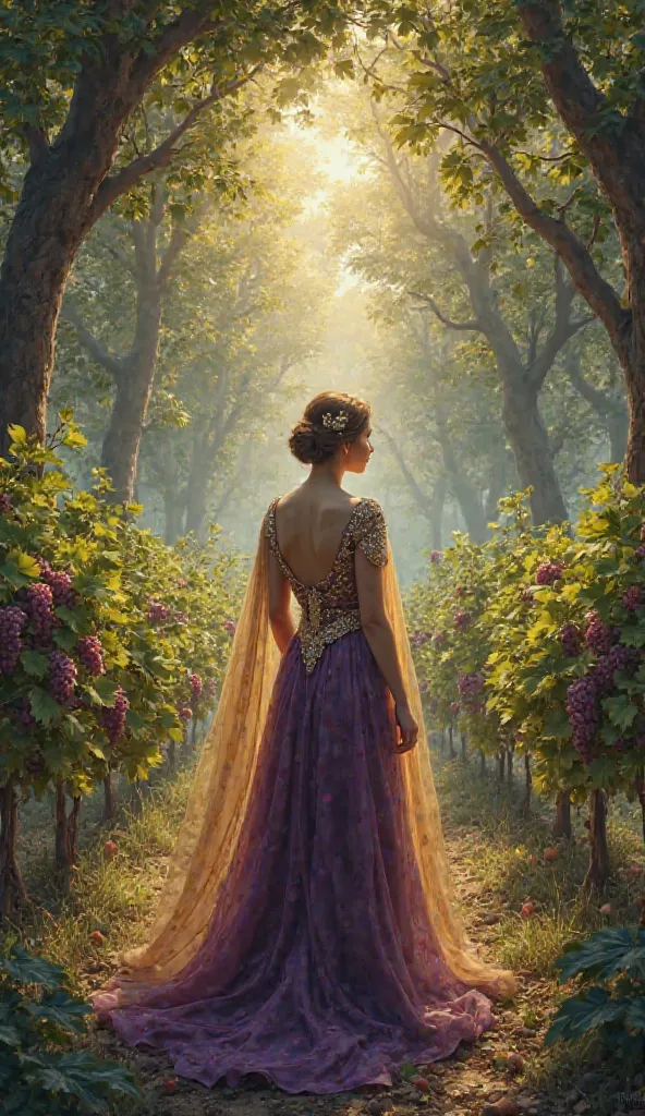  The map is made in fantasy style . 
The centerpiece is a magical forest. And there's a young and very beautiful girl standing there, She is 25 years old. 
She stands in a grape grove в лесу , surrounded by ancient trees. The rays of the sun break through ...