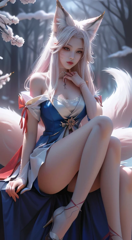  Fox ears white-haired girl ，full bodies lesbians， Painting of a fox with white hair sitting on a branch，Ethereal fox，zorro de nine tails，fox three-tailed fox，detailed art of onmyoji，nine tails，a beautiful artistic illustration，mythological creatures，red f...