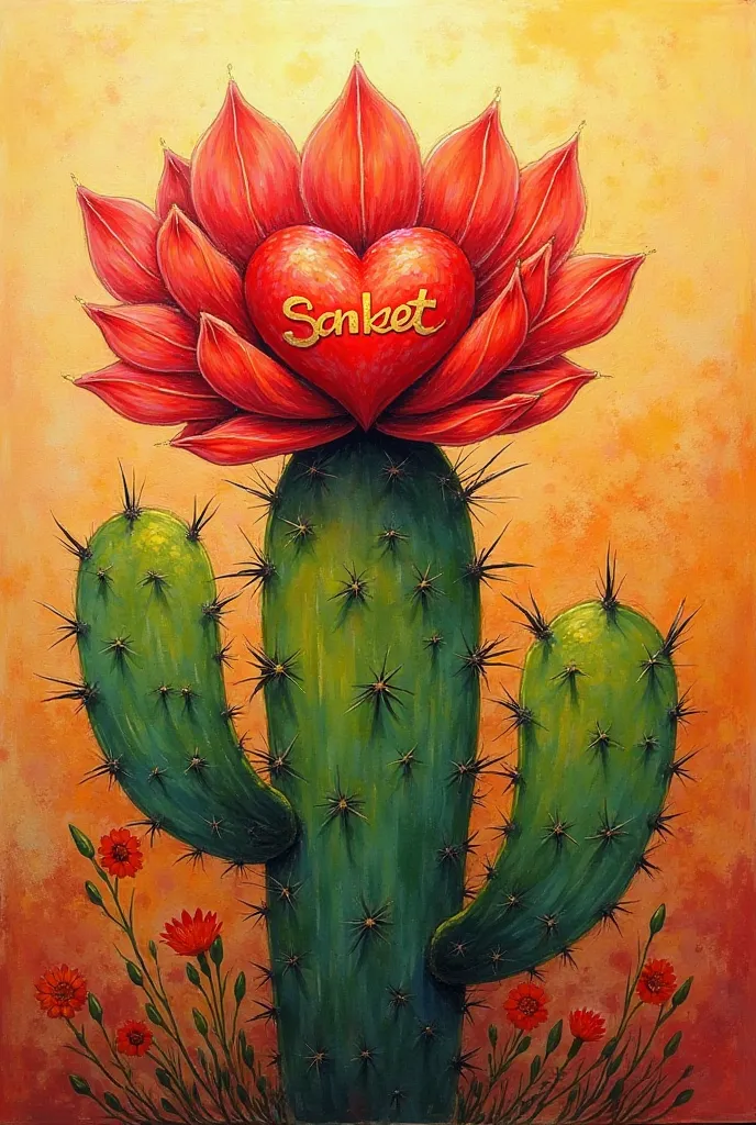 A breathtaking abstract painting of a resilient desert cactus flower in vibrant shades of red and lime green, where swirling lines form the striking petals and spiny stems. A red heart with the name "I Love You Sanket" in elegant golden cursive letters on ...