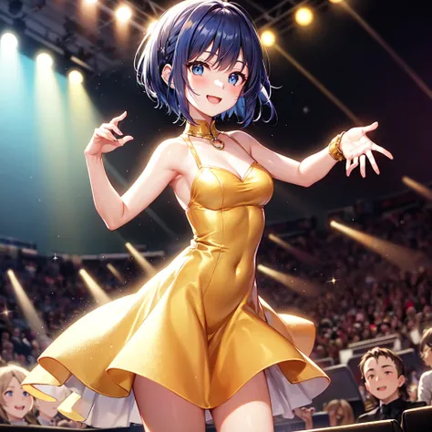 A high school girl with a short bob of blue hair and striking blue eyes stands on stage, waiting for the music to begin. She's dressed in a shimmering gold dress that catches the light beautifully, exuding confidence and charm. With a bright smile, she inv...