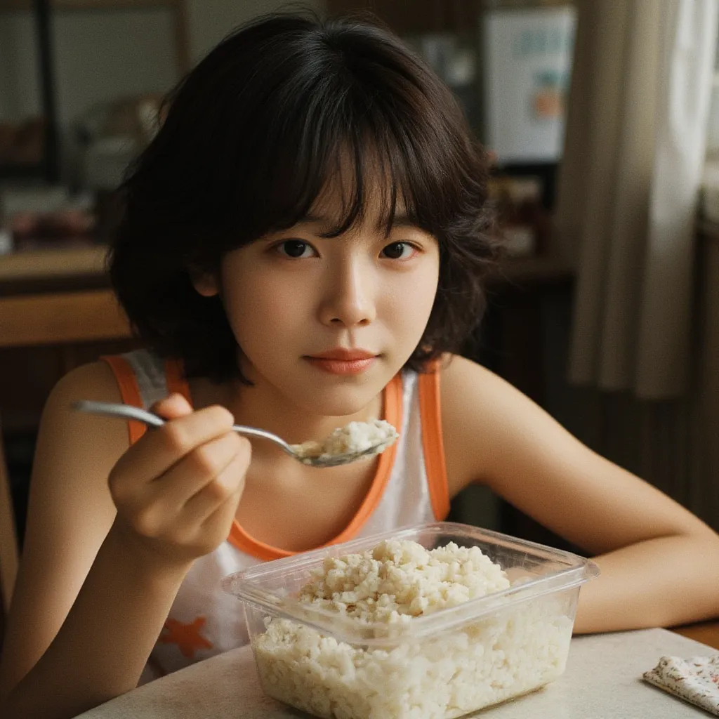 Inside an apartment in Tokyo,side shot,Short curly hair ,middle school girl,orange and white tank top, rough skin,messy room,White rice in a dirty transparent bento box, eating with a spoon ,smile