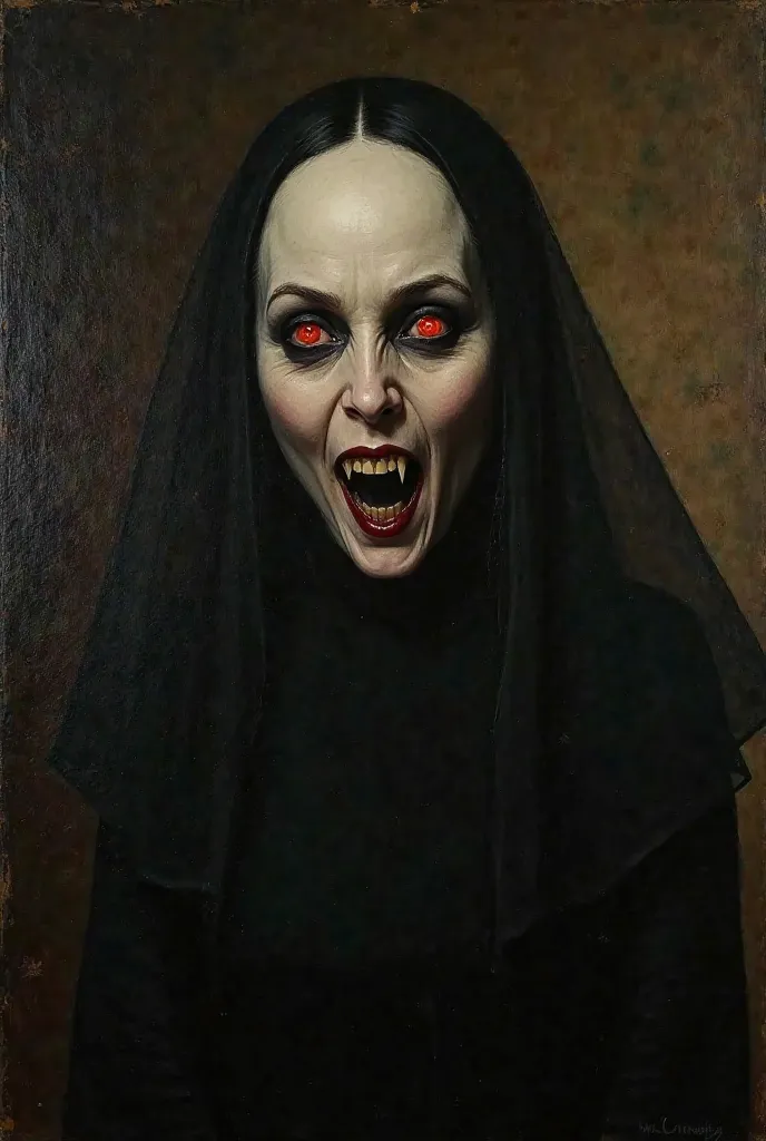 Oil painting of very white skinned woman face  as nosferatu, with a creepy smile with fangs, with red glowing eyes wearing a black XVIII century dress in a very Dark and modest XVIII century room at night.