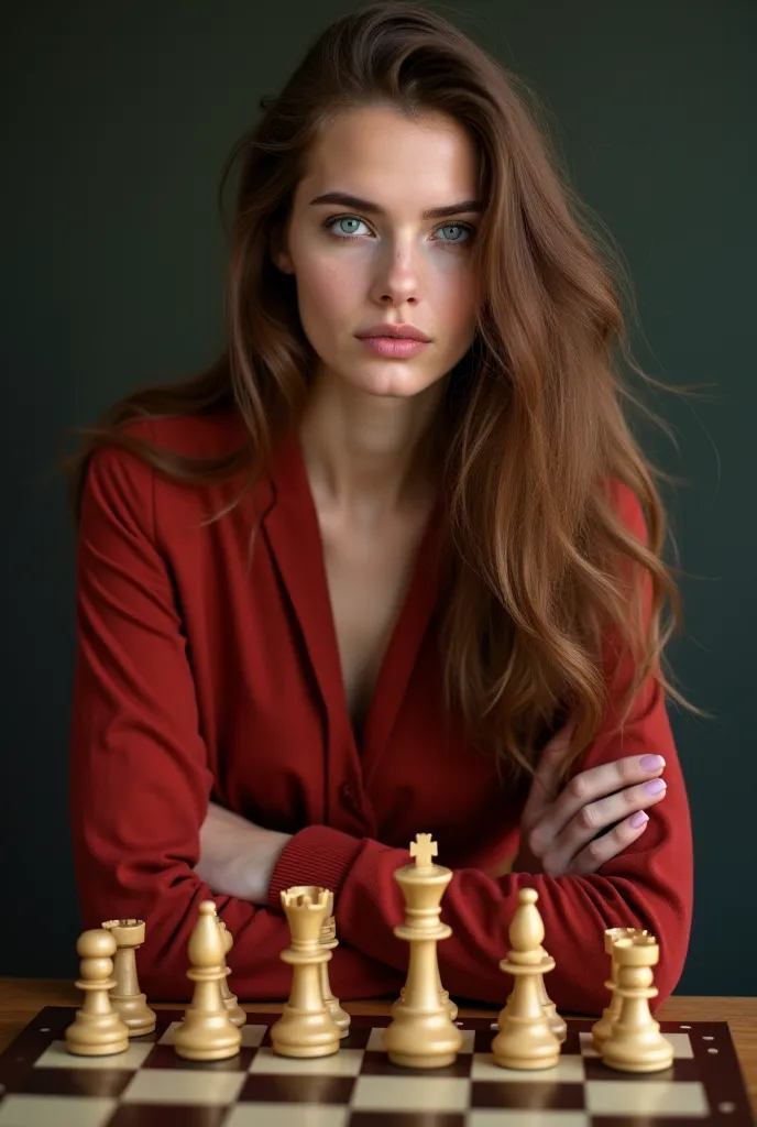 Create A full-body  portrait of young sexy and beautiful woman, 24 years old, woman with chestnut brown hair and piercing blue eyes. She stands with a serious expression, focused intently on a chessboard in front of her. Her hair flows elegantly down her b...