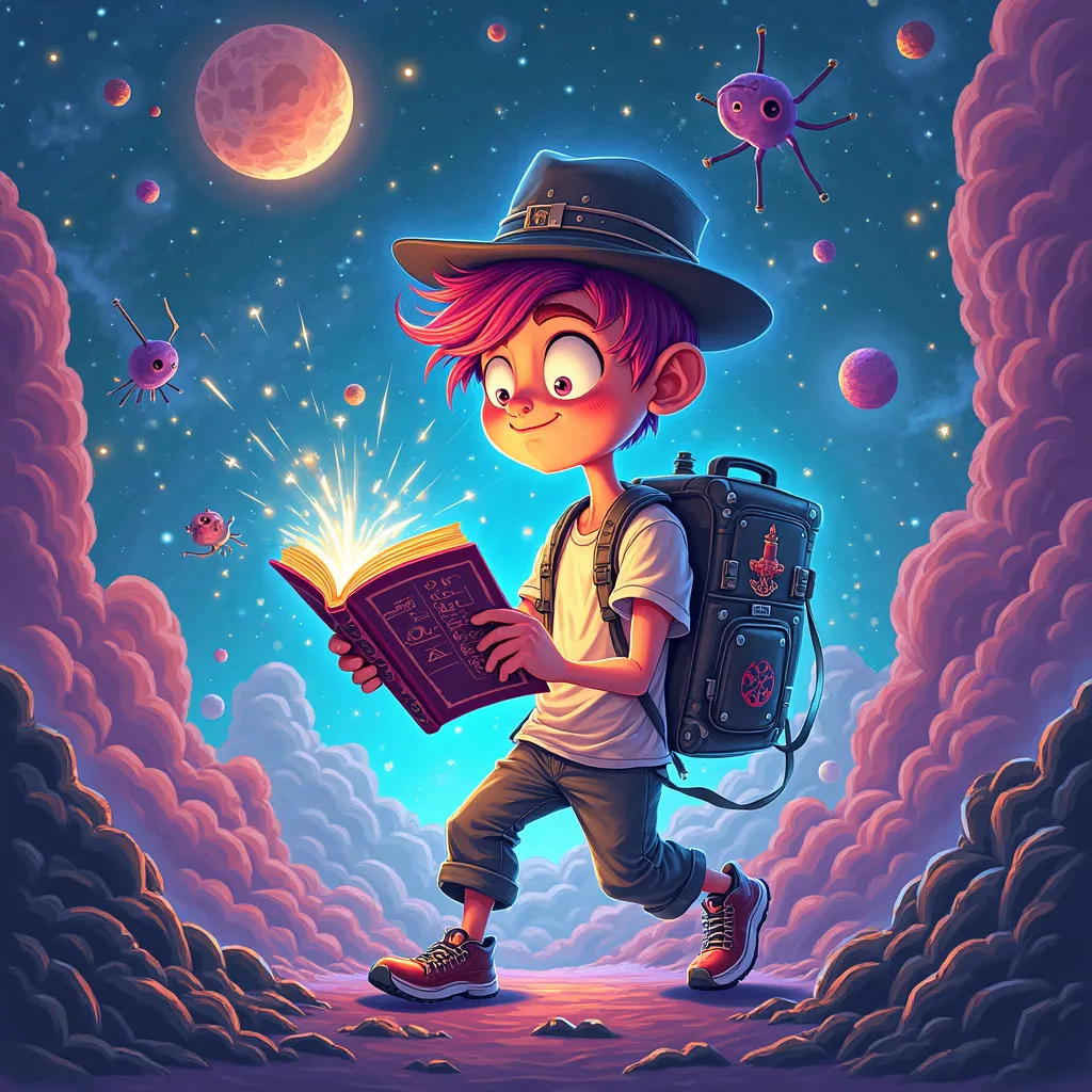 Create a wild, eccentric male avatar in a cartoony, surreal style. The character is deeply absorbed in reading a bizarre and magical book that bends reality around him. The book glows with strange symbols and emits radiant light, casting an energetic aura ...