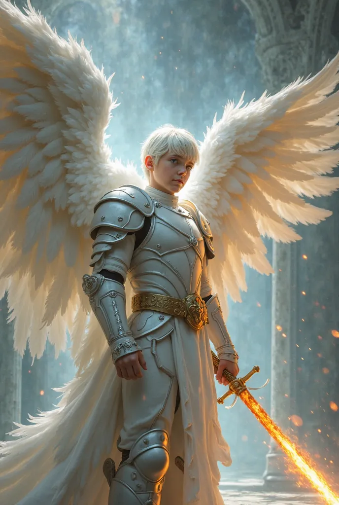  Masterpiece, ultra realistic,  wall , A boy with Imposing Wings: Generally depicted with large, majestic wings filled with white feathers , that shine with a divine light, symbolizing his direct connection with heaven. Your short white hair , and their li...