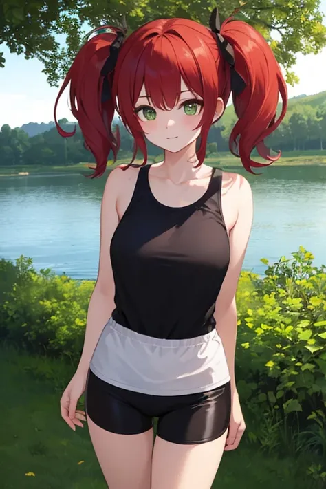 young girl, solo, standing on the grass near the river, red hair, green eyes, red top , short black cycling shorts, day, Точность, better quality, High detail, (definition), (bottom view),