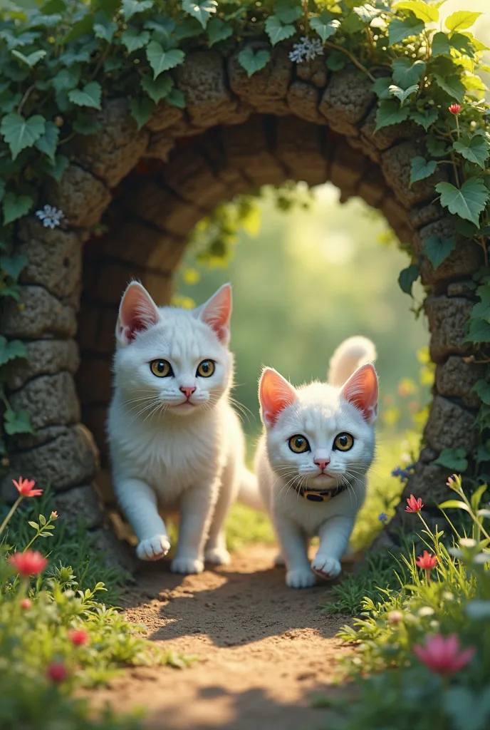 A white cat and dog going inside a hidden tunnel in backyard 