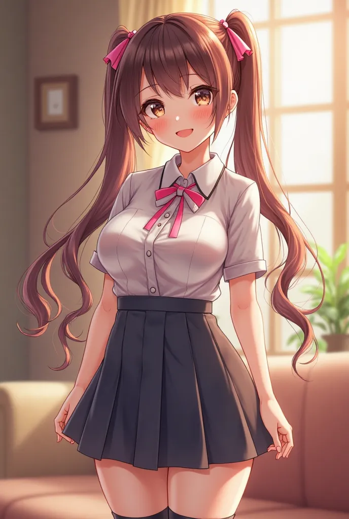 Asian korea girl, big breasts, long hair,, pink ribbon, school. Wearing Uniform school, twintail smile, at home