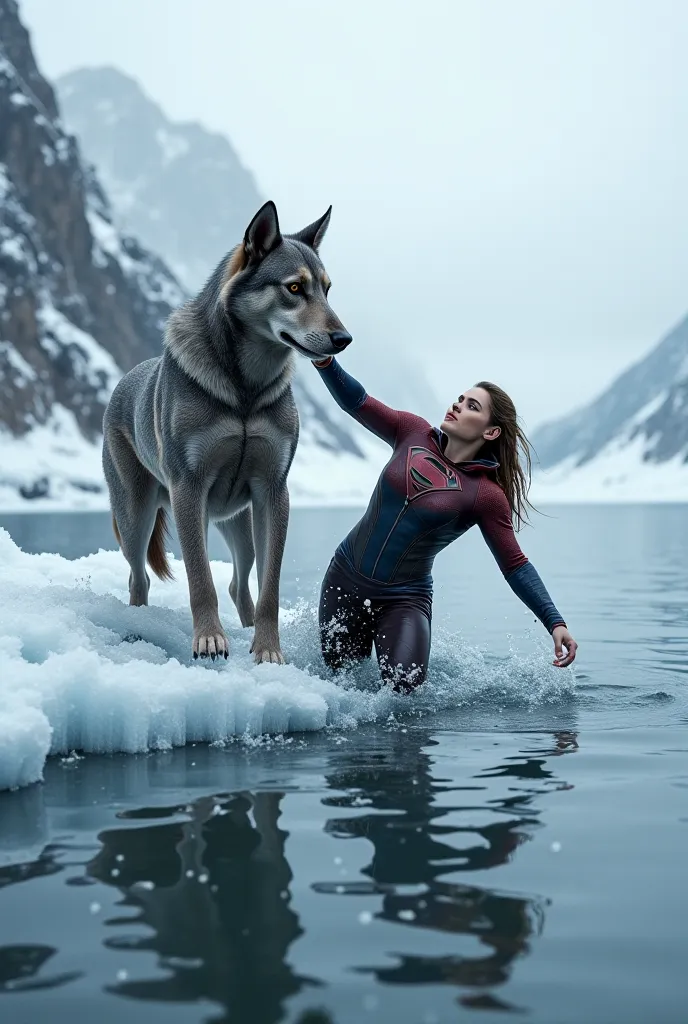 I want 5 images of Superman's crypto dog saving a woman from a frozen lake 