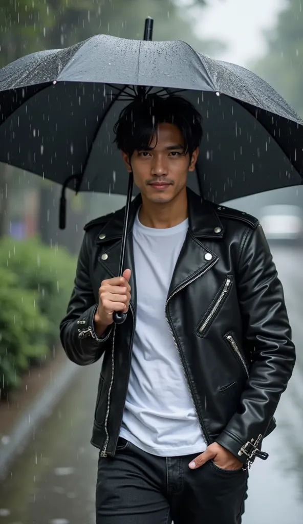 heavy rain,Asian man wearing a black leather double rider jacket, white inner t-shirt, black jeans, Style Trio Member, Black Haired and Sarcastic Smile ,Holding a black umbrella,Drops falling from his umbrella