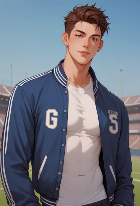A handsome athletic build man in his 20s, he is in a letterman jacket. He is looking at the viewer. The background is an urban football field. confident pose.