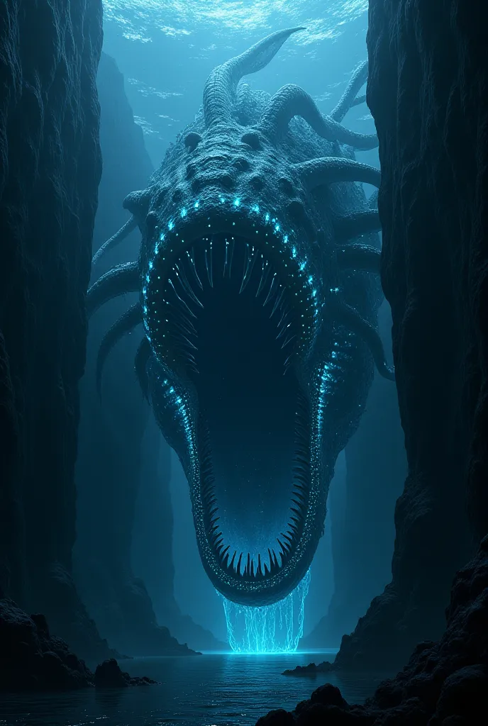 "A pitch-black trench hides a massive, otherworldly sea creature with glowing bioluminescent tendrils, its massive mouth filled with endless rows of jagged teeth."