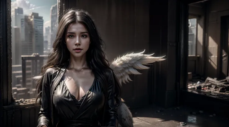 （（best quality））， （（ masterpiece））， （（ actual ））， （ detailed）， （realisticlying：1.5）， Unreal Engine ， (high detail: 1.9)，（woman：1.4），（big breasts beautiful： 1.4),( is attractive:1.3)， （ big ）， Female Angel， Black Feather Wings ，a beautiful girl，pretty face，...