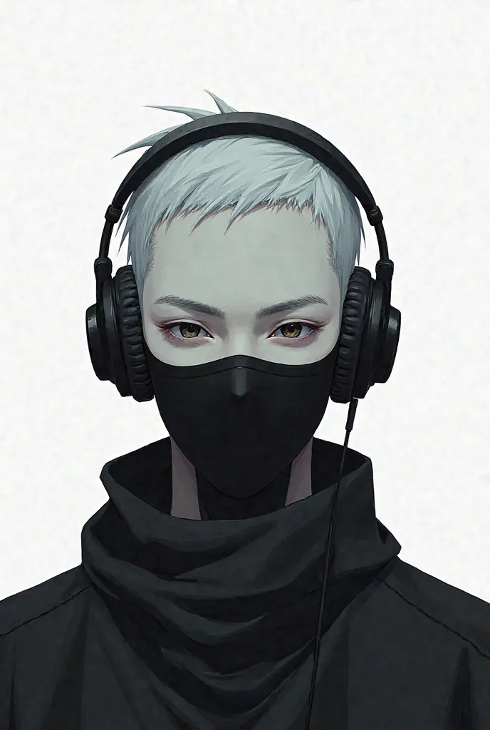 Anime, a white man wearing black headphones, white, wearing a black mask, just a head