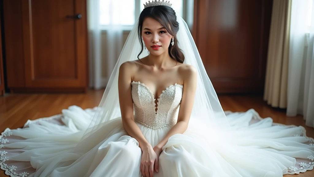 An Asian bride， wearing a wedding dress，sits on her knees and looks at the camera 45 degrees，上半身写真close up，God&#39;s Perspective，super plump，Super sexy and charming， Photography， frontal footage ，close up，Clear details，ultra-high definition，16k。
