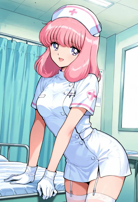 Score_9, score_8_up, score_7_up, source_anime, nakajima_noriko, solo, medium hair, pink hair, purple eyes, (best quality), (high quality), {masterpiece}, extremely delicate and beautiful, ultra-detailed, beautiful detailed eyes, nurse, nurse hat, ((white n...