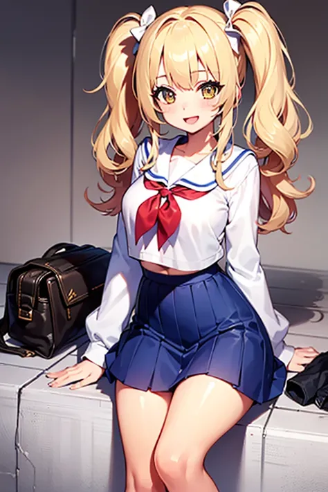 Himikotoganova, (1 girl, Alone ), (perfect eyes), blond hair,  double bow, messy hair, blows, Yellow eyes, serafuku, bags under the eyes,  smile, open-mouth, blue skirt, mangas largas, Red handkerchief,  breasts, 