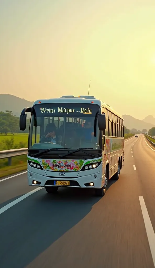 high quality, 8K Ultra HD, AC BUS,driving in the highway, write MANIPUR - DELHI in front of the Bus,
Put Number plate DL 5C7 0901