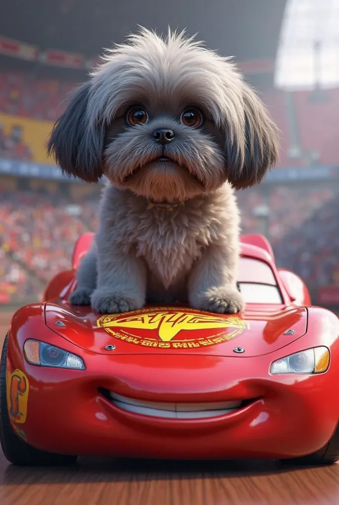 Draw a shit zu dog with gray fur on top of the McQueen lightning