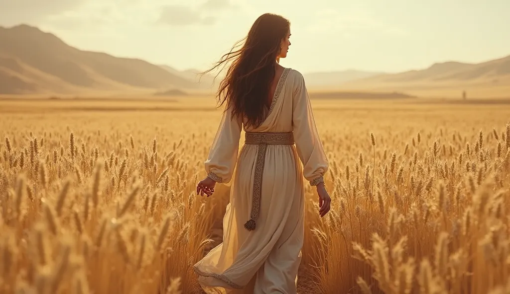  a woman with long brown hair, With clothes from the time of Jesus walking in a wheat field