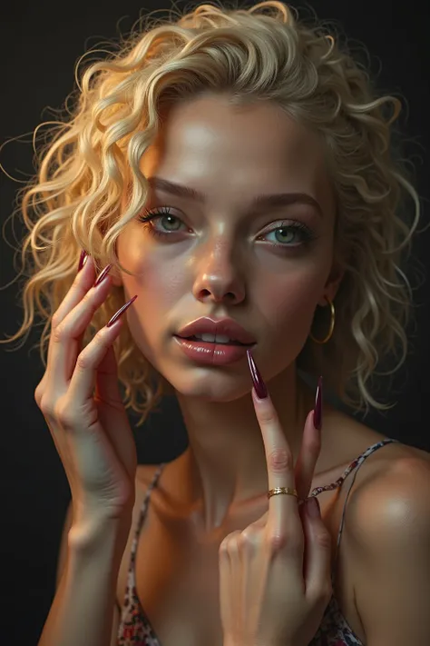 slim stature, slightly shorter than shoulder-length, extremely curly light blonde braided hair,  penetrating eyes , very long painted fingernails, photorealistic portrait painting, high resolution, 8k, hdr,  professional, studio lighting, sensitive color p...