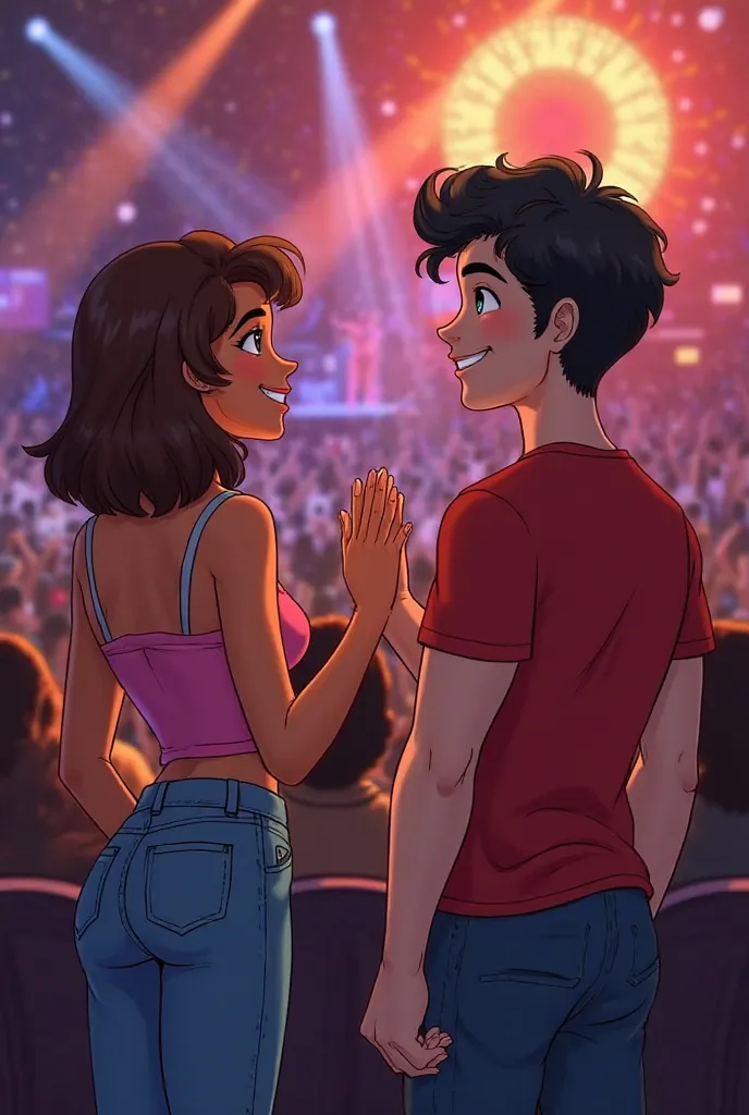 In cartoon, a brown woman with Jean, brown hair a little lower than the shoulders, strappy blouse like pink, and a white man with wavy black hair, wearing a red t-shirt and jean, shaking hands in the form of a greeting as if they had just met and are watch...