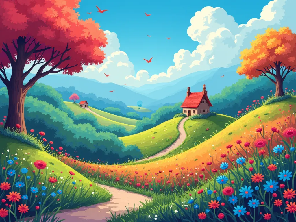 Create a cartoon background without removing a lot of details like painting just 2 tones to make it wild and have a house far away.