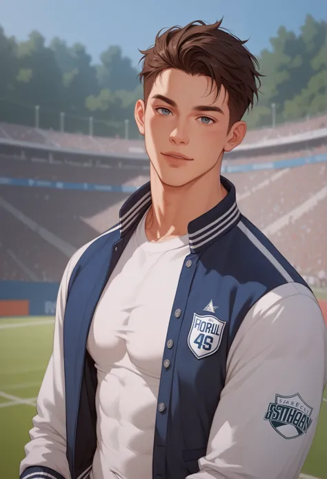 A handsome athletic build man in his 20s, he is in a letterman jacket. He is looking at the viewer. The background is an urban football field. confident pose.