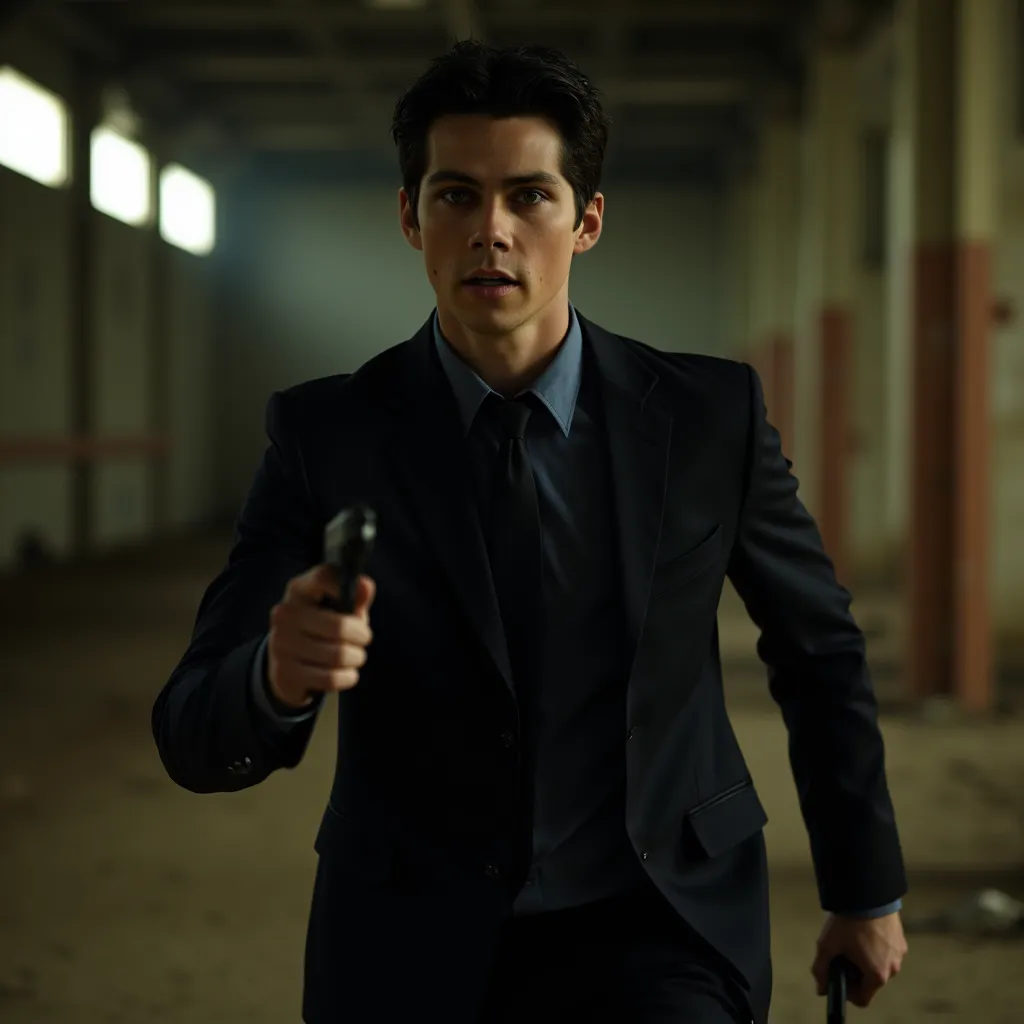 A handsome boy with dark hair, detailed eyes, nose,  My lips , wearing an official police suit, running with a gun in one hand in an abandoned warehouse setting, half body, (Best Quality, 4K, 8k, high resolution, masterpiece: 1.2), (Realistic, foto Realist...