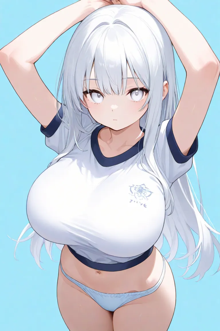  gym clothes、tiny panties、Light blue background(completely plain)、 stretch pose、standing、 white hair、 white eyes、long hair、 huge breasts、from above、expressionless、